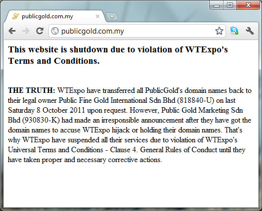 Public Gold website has been shut downed due to violation with WTExpo's terms